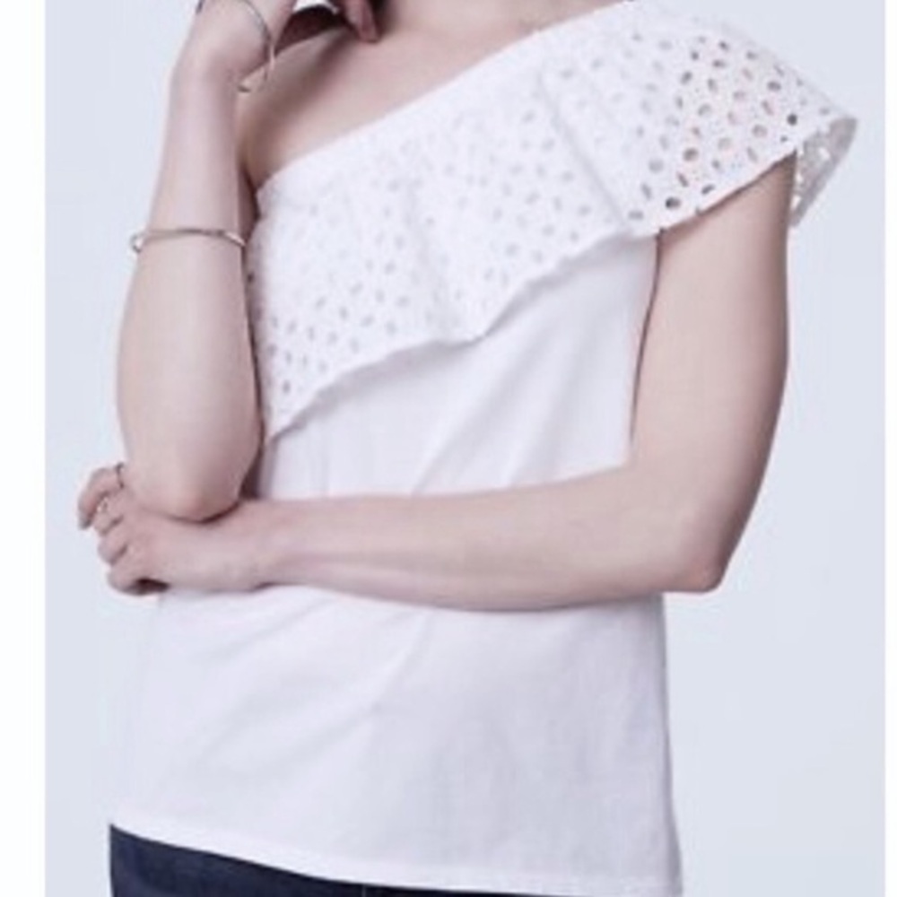 NWT LOFT one shoulder eyelet ruffle top white S